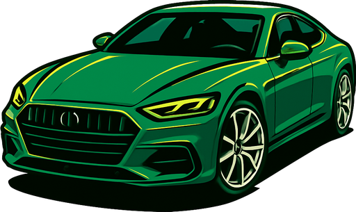 Car image but its head should be on right side not left. Make a fancy car colored green..
In-Game asset.  2d.  High contrast.  No shadows