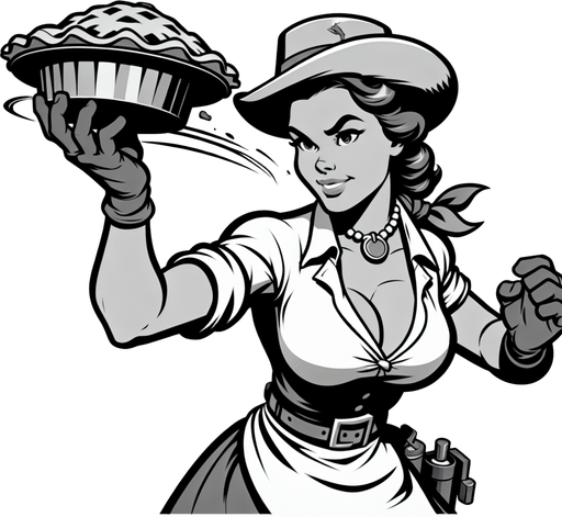 upper torso of a western cartoon barladygetting ready to throw a pie. front view.
Single Game Texture. In-Game asset. 2d. Blank background. High contrast. No shadows.