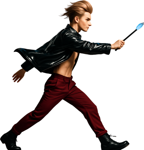 Swishy graceful man Cyberpunk manga, wand pointed straight ahead, arm extended, side profile view attack animation, shiny black leather biker jacket longsleeves shirtless Skinny abs blonde pompadour guy, action shot wine red joggers combat boots, Background removed, "Full-body character, entirely in frame, no cropping of face, head, or feet" "Complete character visible, from head to toe, fully centered in the image" "Entire character, including face and boots, fully within the frame" Character fully contained within a square frame, no edges cut off fashion model walking pose Style of vogue magazine