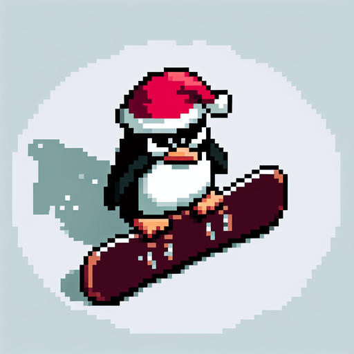 angry penguin snowboarder wearing a red santa hat. top-view. gta 2. seen from above. Single Game Texture. In-Game asset. 2d. Blank background. High contrast. No shadows. pixelated. 8 bit