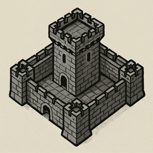 17. century tower castle square shaped 1x1 medeval military base,grey coloured top-down look , simple design, medieval-semirealistic..
In-Game asset.  2d.  High contrast.  No shadows