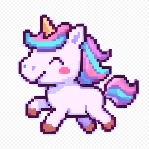 El unicornio debe ser un personaje adorable y colorido en estilo pixel art, con cuerpo erguido sobre dos patas traseras como si caminara o corriera, crin y cola multicolor en tonos pastel (rosa, celeste, violeta), cuerno dorado o brillante en la frente, y una expresión alegre o soñadora en su rostro; su cuerpo debe ser blanco o lavanda claro, con detalles simples como cascos marcados y orejitas visibles, y su animación puede incluir un suave rebote o movimiento de la crin al desplazarse; el estilo debe ser caricaturesco y alegre, con fondo transparente y un diseño encantador que encaje bien en un juego mágico, infantil o casual..
In-Game asset.  2d.  High contrast.  No shadows