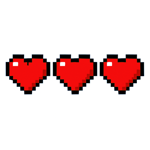 tres corazones hechos con pixeles.
In-Game asset.  2d.  High contrast.  No shadows