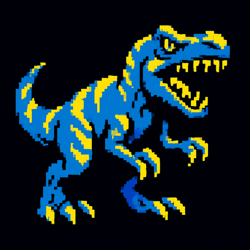 90'lardaki retro oyun dinazoru. vahşi olsun. mavi ile sarı karışımı bir renk olsun
In-Game asset.  2d.  High contrast.  No shadows