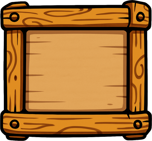 Recuadro de madera, parecido a un tablón de anuncios, animado.
In-Game asset.  2d.  High contrast.  No shadows