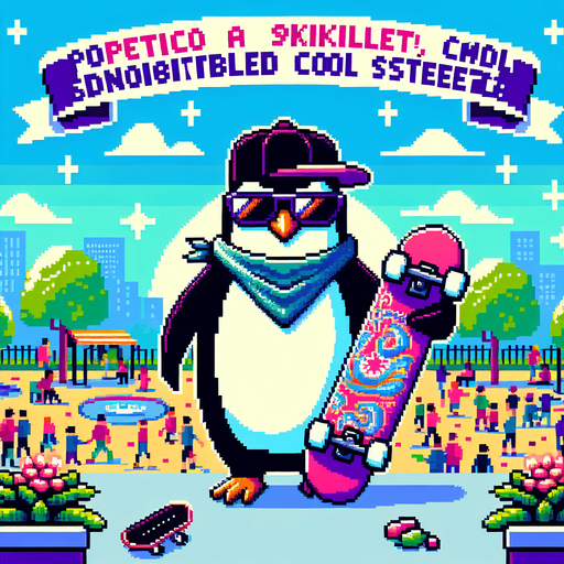 8-bit Pinguin_skater_features. Make a text written above (your way).
A