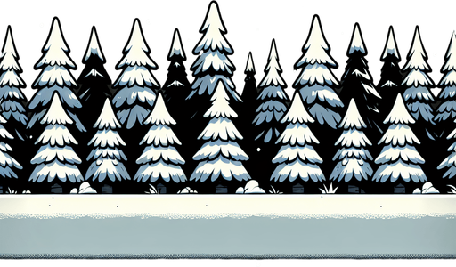 Tree line of snowy pine trees. Cartoon. Black background.
Single Game Texture. In-Game asset. 2d. Blank background. High contrast. No shadows.