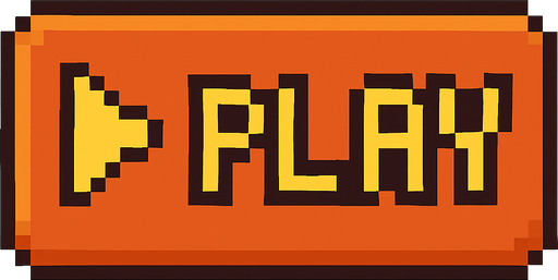 This is a play button. No background. Writing the  Play But pixel art style Transparent background. Blank background. No shadows. 2d. In-Game asset. flat make it more animation style