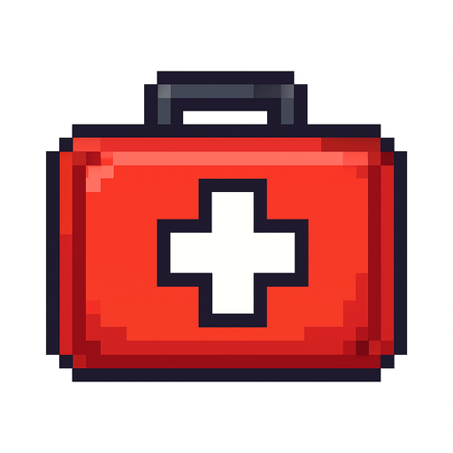 Un botiquín en estilo pixel art y sin fondo.
In-Game asset.  2d.  High contrast.  No shadows