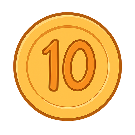 Coin with 10 on it
. No background. Transparent background. Blank background. No shadows. 2d. In-Game asset. flat