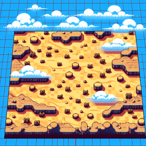 8-bit. Cartoon. landscape. desert. top-down view. no horizon. Single Game Texture. In-Game asset. 2d. Blank background. High contrast. No shadows.