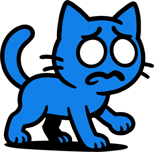 Un gato azul sin pupilas preocupado caminando.
In-Game asset.  2d.  High contrast.  No shadows