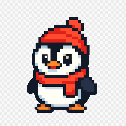 El pingüino debe ser un personaje tierno y redondeado, con cuerpo negro y blanco bien definido, picos y patas naranjas, y ojos grandes y expresivos que transmitan simpatía; puede llevar una bufanda roja o gorrito invernal como detalle extra, y debe tener una animación suave de balanceo lateral o parpadeo para darle vida; el estilo debe ser pixel art limpio, con trazos simples y colores vivos, y el fondo transparente para que se integre perfectamente en un juego casual y alegre.
In-Game asset.  2d.  High contrast.  No shadows