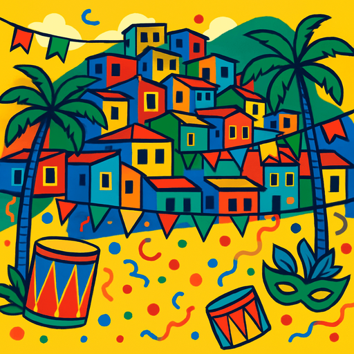 A Rio-style cityscape with colorful houses, palm trees, and carnival decorations. Bright and fun atmosphere for samba drums..
In-Game asset.  2d.  High contrast.  No shadows