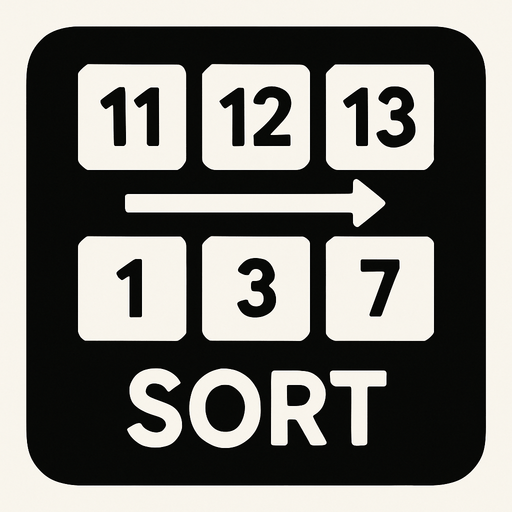 Sort square button, size 200 on 200 the button shows 2 rows of cubes, each row has 3 cubes. Each cube has a number on it. on the buttom row the numbers are: 1, 3, 7 The top row: 11, 12, 13.
the cubes connect with arrows points from the left cube to the cube right to her
at the buttom of the button, write SORT.
In-Game asset.  2d.  High contrast.  No shadows