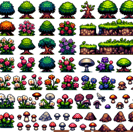 Create a sprite sheet featuring various forest landscape elements, including flowers, small hills, dug holes, mushrooms, trees, bushes, and rocks. Each element should be designed in a detailed pixel art style, reminiscent of classic 32-bit era video games. Ensure that the colors are vibrant and natural, with each element distinctly recognizable. The flowers should have a variety of colors and shapes, the hills should have gentle slopes, the holes should look freshly dug, the mushrooms should be varied in size and color, the trees should have detailed bark and lush canopies, the bushes should be dense with leaves, and the rocks should have texture and shading. Arrange the elements on a neutral background, with each item neatly aligned in rows and columns for easy identification and use in game development..
Single Game Texture. In-Game asset. 2d. Blank background. High contrast. No shadows.