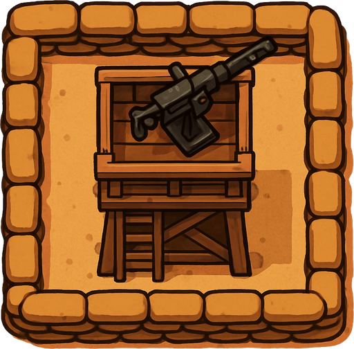 Top view of an small defense Military tower Brown in the desert, the image has a square border outlined by military defense sandbags.
In-Game asset.  2d.  High contrast.  No shadows