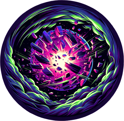 Fractured Sphere Icon:

A glowing orb breaking apart into jagged, floating shards, with chaotic energy swirling around it..
Colors: Neon purple, black, and electric green.