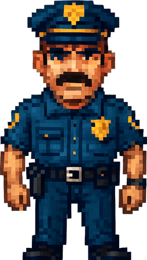 police officer pixel. detaylı surat full body
In-Game asset.  2d.  High contrast.  No shadows