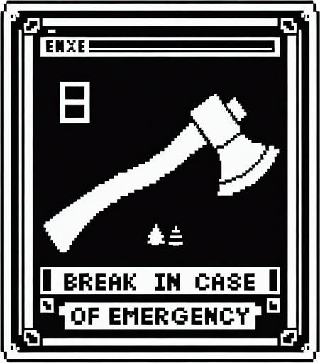 Break in case of emergency square. Ax drawing inside. simple. 8-bit. cartoon. blackand white..
Single Game Texture. In-Game asset. 2d. Blank background. High contrast. No shadows.