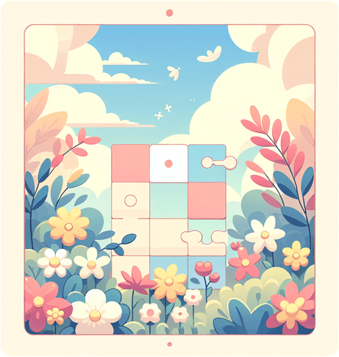Background for relaxing puzzle game. Pastel colors, flat shaded, vector art. Flowers. Blocks. Relaxing. Clouds Single Game Texture. In-Game asset. 2d. Blank background. High contrast. No shadows.