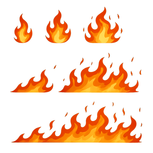 sprite sheet containing 2D fire spread horizontally.
In-Game asset.  2d.  High contrast.  No shadows