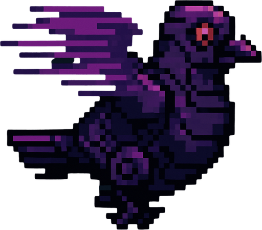 Pixel art of a dark purple robotic pigeon spinning in midair, wings blurred in motion. Enemy type in a 2D arcade game, side view.
In-Game asset.  2d.  High contrast.  No shadows