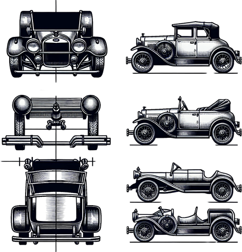 generate a picture of a classic car. view from top. Vertical direction Single Game Texture. In-Game asset. 2d. Blank background. High contrast. No shadows.