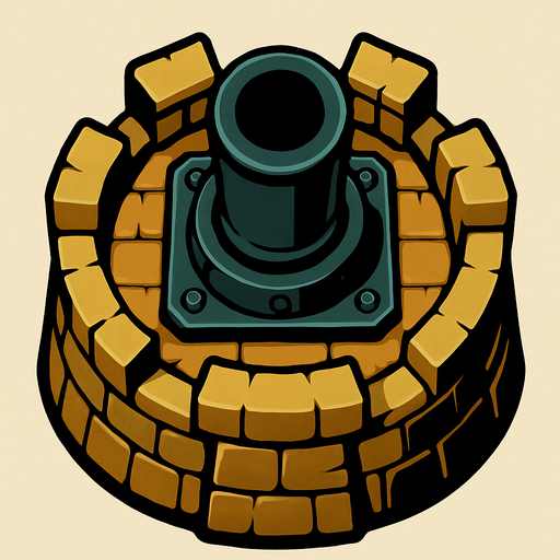 torre con un cañon gigante desde arriba.
In-Game asset.  2d.  High contrast.  No shadows