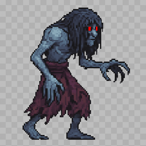 Create a pixel-art monster character inspired by Turkish folklore, specifically "Gulyabani" – a tall, lanky, ghostly creature with pale, bluish-gray skin, long tangled hair covering parts of its face, and glowing red eyes. It should wear torn Ottoman-style rags, with long sharp fingers and a hunched back. Its movement should look floaty and eerie. Style should match 2D retro horror games. Transparent background PNG, facing left side, idle stance..
In-Game asset.  2d.  High contrast.  No shadows