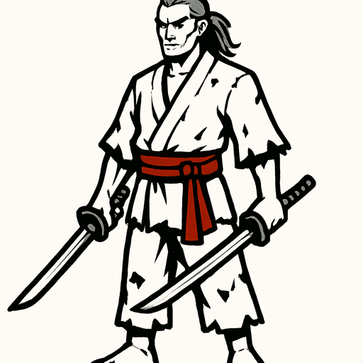 A white-clothed male samurai with torn clothes, long gray hair tied back, pale skin, red belt on his waist, holding two swords, standing confidently, simple pose, no background, front-facing, 2D game character.
In-Game asset.  2d.  High contrast.  No shadows