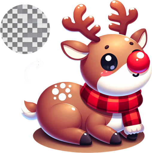 a cute little santa's reindeer with a red nose sitting Single Game Texture. 2d. Transparent background. High contrast. No shadows.