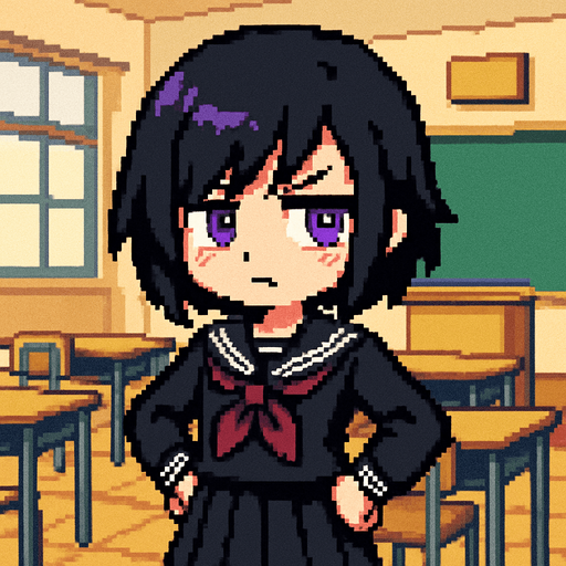 A cute anime-style girl in pixel art, with an emo aesthetic and striking purple eyes. She wears a classic Japanese school uniform (sailor fuku) and is often shown with a slightly grumpy expression, reflecting a bit of a tsundere personality. She stands confidently with her hands on her hips and a slight tilt to her posture. Behind her is a typical Japanese classroom, enhancing the school-themed atmosphere..
In-Game asset.  2d.  High contrast.  No shadows