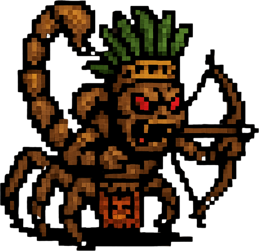 Genérame una Escorpion Colombiano guerrero azteca con eso patrones, estilo pixelar, con una apariencia maligna, ojos rojos, rabioso. Unidad a distancia, con un arco o cerbatana. Animal.
In-Game asset.  2d.  High contrast.  No shadows