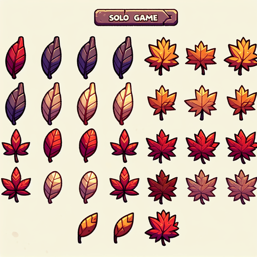 A sprite sheet of fall leaves. Cartoon.
Single Game Texture. In-Game asset. 2d. Blank background. High contrast. No shadows.