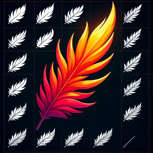 A sprite sheet of Phoenix feathers. Single feather..
Single Game Texture. In-Game asset. 2d. Blank background. High contrast. No shadows.