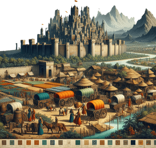 "A grand medieval-fantasy empire in a semi-realistic art style, featuring a thriving kingdom with towering castles, bustling trade markets, and well-planned roads connecting different towns. The scene includes farmers tending fields, merchants with carts full of goods, soldiers guarding the city gates, and distant mountains on the horizon. Defensive walls protect the kingdom, while caravans move across a strategic trade route. The environment is vibrant, with lush greenery, rivers flowing through the land, and players directing resource management and expansion from a bird's-eye view.".
Single Game Texture.  In-Game asset.  2d.  Blank background.  High contrast.  No shadows