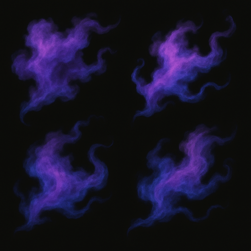 Wispy, gas-like particles

```
- Shape: Irregular, cloud-like with flowing tendrils
- Colors: Purple (#8844FF), magenta (#FF44AA), blue (#4488FF)
- Opacity: 60-80% at center, fading to transparent
- Texture: Soft, organic, slightly mottled
- Multiple variants: 3-4 different shapes for variety.
In-Game asset.  2d.  High contrast.  No shadows