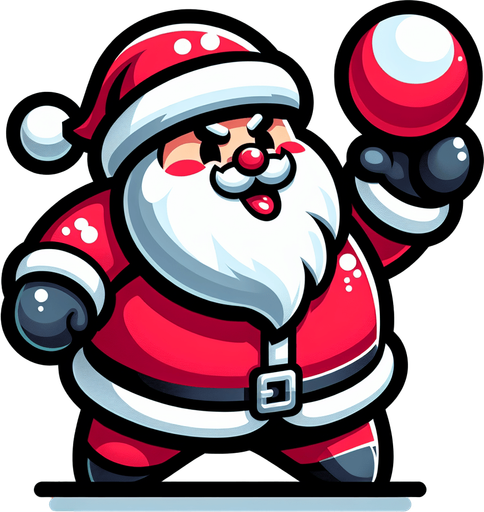 Icon for santa throwing a snowball, cartoon, with the text: „Snowball Master“ at top Single Game Texture. In-Game asset. 2d. Blank background. High contrast. No shadows.