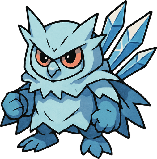 Um monstrinho do tipo Gelo inspirado em Pokémon e Digimon com aparência de Coruja fantasma classe guerreiro com lanças de Gelo nas costas arte com contorno de preto