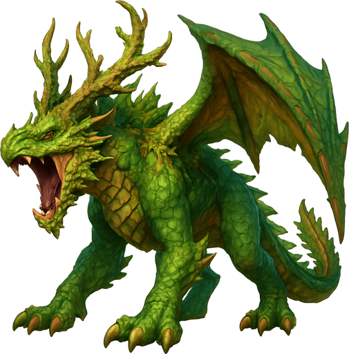 Different standing dragon of forest on four legs, he's head is down and opened mouth to shout. HD colors.
Single Game Texture. In-Game asset. 3D. Blank background. High contrast. No shadows.