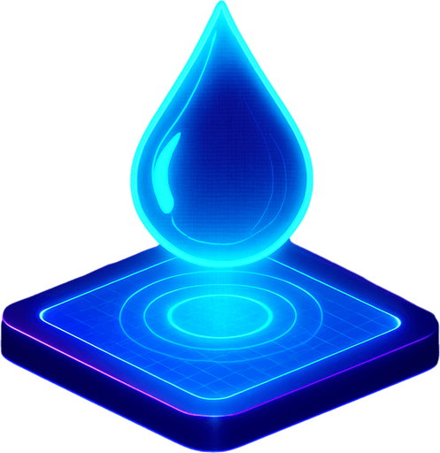 Top down isometric neon cyberpunk 3d glowing water drop hologram projection