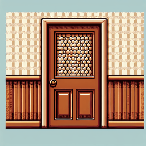 8 bit image 2d brown classic old door with beehive pattern.
Single Game Texture.  In-Game asset.  2d.  Blank background.  High contrast.  No shadows