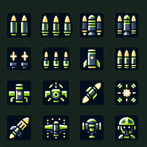 A sprite sheet that has power up icons. Icons include three bullets, a laser beam, a rocket, a drone and a small soldier. Cyberpunk and using neon glow. Green and yellow highlights. 
Single Game Texture. In-Game asset. 2d. Blank background. High contrast. No shadows.