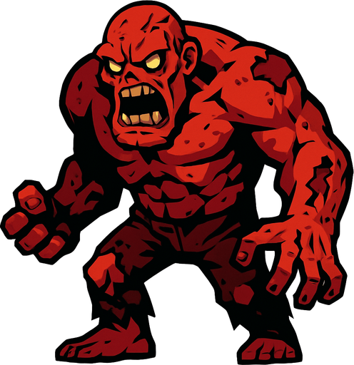 Giant boss angry reddish zombie. 2D..
In-Game asset.  2d.  High contrast.  No shadows