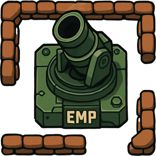 Top view of an Green defense Military tower large EMP mortar, in the desert, the image has a square border outlined by military defense Brown sandbags.
In-Game asset.  2d.  High contrast.  No shadows