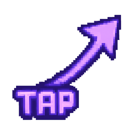 A pixel art arrow starting from a glowing "TAP" label in retro pixel font, pointing diagonally from the bottom right toward the upper left, as if guiding the player to tap that area. The arrow is sleek, with a smooth curve or angled segments, styled in purple or violet neon tones with a soft glow effect. The design matches a lo-fi rhythm game aesthetic. The "TAP" label is positioned at the tail of the arrow and glows subtly. No background — transparent..
In-Game asset.  2d.  High contrast.  No shadows