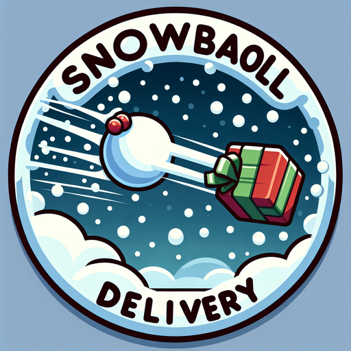 Icon for a snowball hitting a present in the sky, on a circle, with the text „Snowball Delivery“ at top, cartoon, christmas style Single Game Texture. In-Game asset. 2d. Blank background. High contrast. No shadows.