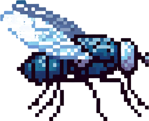 Simple side view of a pixel art fly on a sky blue background 
Single Game Texture. In-Game asset. 2d. Blank background. High contrast. No shadows.