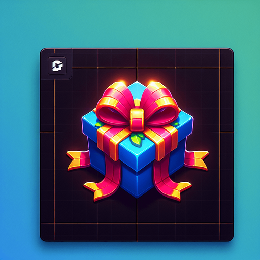 gift wrapped box, bright colours. with bow on top Single Game Texture. In-Game asset. 2d. Blank background. High contrast. No shadows. Single Game Texture.